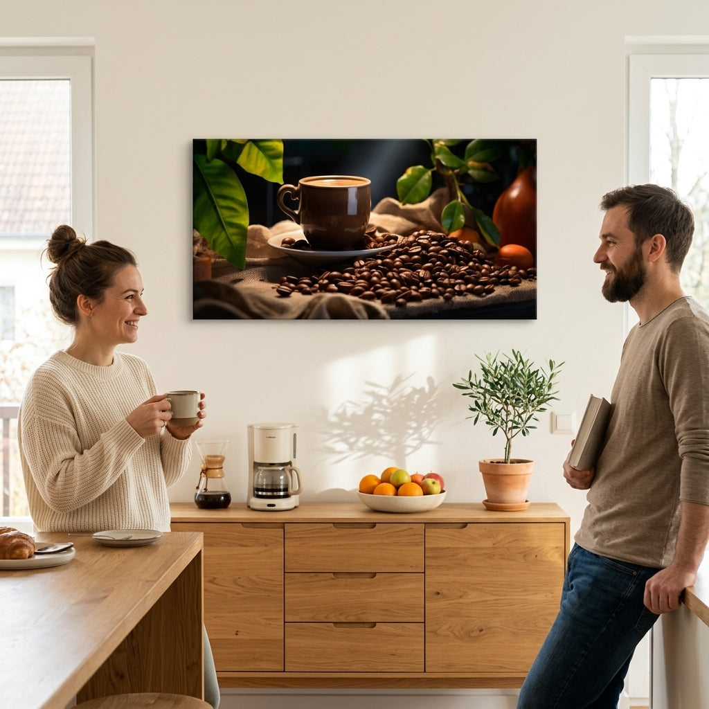 Modern tablou pe pânză cu motivul Majstrovské Dielo Baristu, ceașcă de cafea, natură în bej-maro nuanțe agățat în interiorul bucătărie | De cafea tablouri pentru bucătărie Majstrovské Dielo Baristu