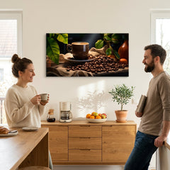 Modern tablou pe pânză cu motivul Majstrovské Dielo Baristu, ceașcă de cafea, natură în bej-maro nuanțe agățat în interiorul bucătărie | De cafea tablouri pentru bucătărie Majstrovské Dielo Baristu
