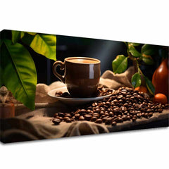 Modern tablou pe pânză cu motivul Majstrovské Dielo Baristu, ceașcă de cafea, natură în bej-maro nuanțe, atmosferă confortabilă, potrivit pentru bucătărie – principală