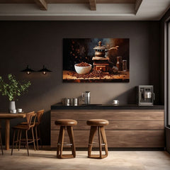 Modern tablou pe pânză cu motivul De cafea Impresie în alb-maro nuanțe, atmosferă confortabilă, potrivit pentru bucătărie | De cafea tablouri pentru bucătărie De cafea Impresie – produs