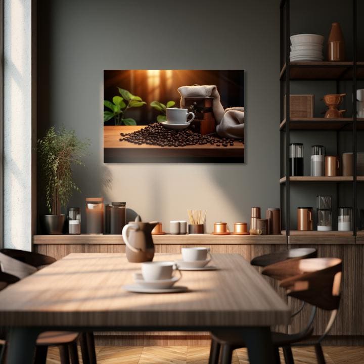 Modern tablou pe pânză cu motivul Eleganță Espressa, ceașcă de cafea, hartă, natură în alb-maro nuanțe, atmosferă confortabilă, potrivit pentru bucătărie – produs