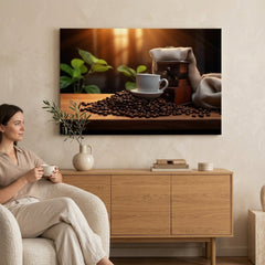 Modern tablou pe pânză cu motivul Eleganță Espressa, ceașcă de cafea, hartă, natură în alb-maro nuanțe agățat în interiorul bucătărie | De cafea tablouri pentru bucătărie Eleganță Espressa – interior