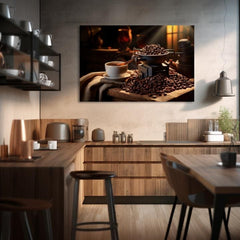 Vintage tablou pe pânză cu motivul Čaro Kávových Zrn, ceașcă de cafea, hartă în alb-bej nuanțe, atmosferă confortabilă, potrivit pentru bucătărie | De cafea tablouri pentru bucătărie Čaro Kávových Zrn – produs