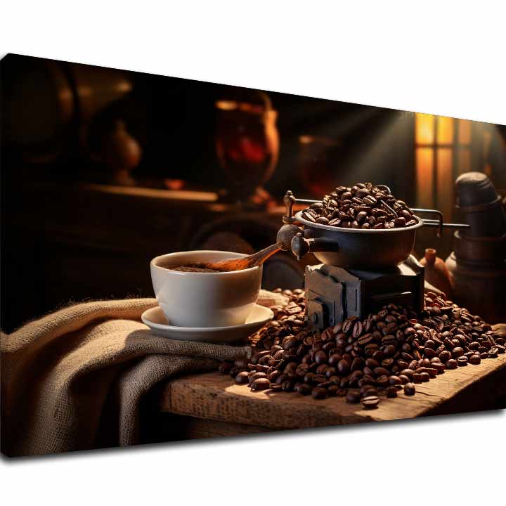 Vintage tablou pe pânză cu motivul Čaro Kávových Zrn, ceașcă de cafea, hartă în alb-bej nuanțe, atmosferă confortabilă, potrivit pentru bucătărie | De cafea tablouri pentru bucătărie Čaro Kávových Zrn – principală