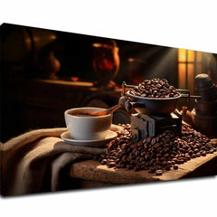 Vintage tablou pe pânză cu motivul Čaro Kávových Zrn, ceașcă de cafea, hartă în alb-bej nuanțe, atmosferă confortabilă, potrivit pentru bucătărie | De cafea tablouri pentru bucătărie Čaro Kávových Zrn – principală