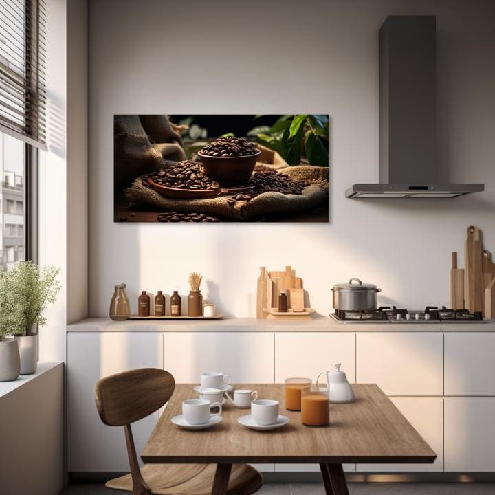 Modern tablou pe pânză cu motivul Ranná Arabica, natură în bej-maro nuanțe, atmosferă confortabilă, potrivit pentru bucătărie | De cafea tablouri pentru bucătărie Ranná Arabica – produs