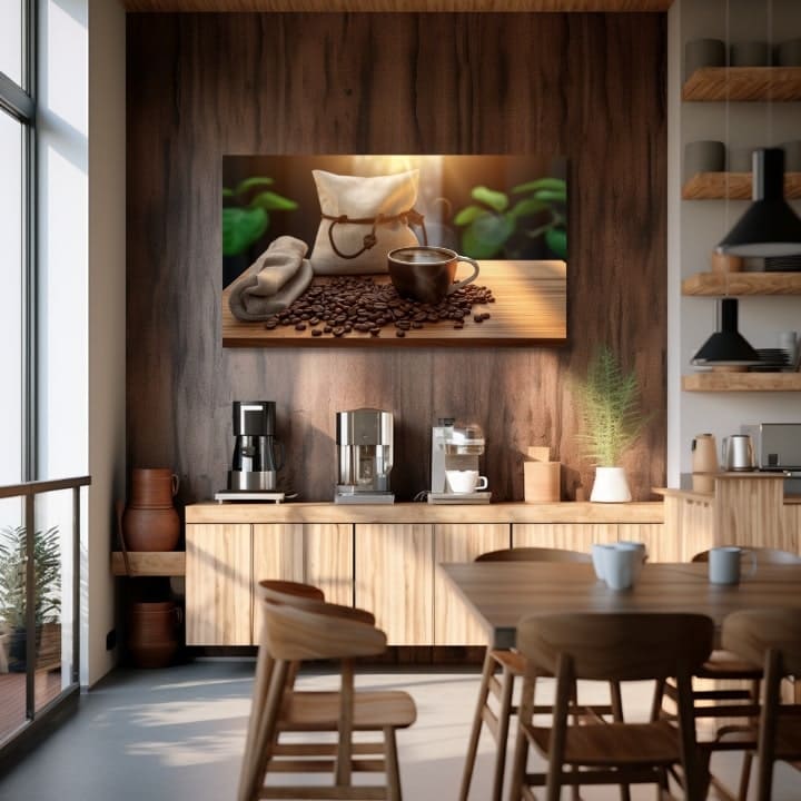 Rustic tablou pe pânză cu motivul Čas na Ticho, ceașcă de cafea, hartă în bej-maro nuanțe, atmosferă confortabilă, potrivit pentru bucătărie | De cafea tablouri pentru bucătărie Čas na Ticho – produs
