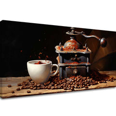 Vintage tablou pe pânză cu motivul Čaro Obyčajných Vecí, ceașcă de cafea în alb-maro nuanțe, atmosferă confortabilă, potrivit pentru bucătărie | De cafea tablouri pentru bucătărie Čaro Obyčajných Vecí – principală