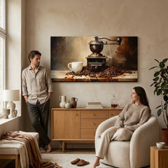 Vintage tablou pe pânză cu motivul Čas Oddychu, ceașcă de cafea în alb-bej nuanțe agățat în interiorul bucătărie, atmosferă confortabilă | De cafea tablouri pentru bucătărie Čas Oddychu – interior