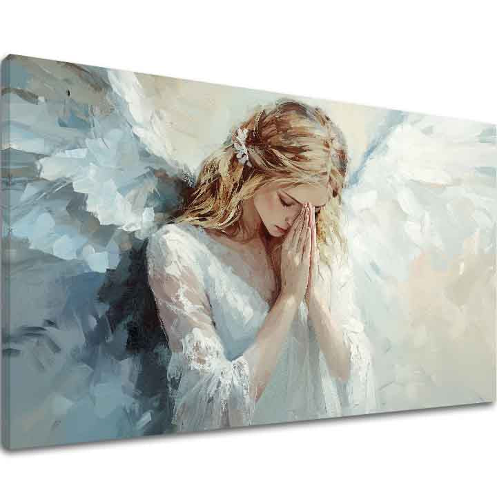 tablou cu îngeri pe pânză – vizualizare 3D a canvasului cu ramă din lemn vizibilă, Papilora Premium Art.