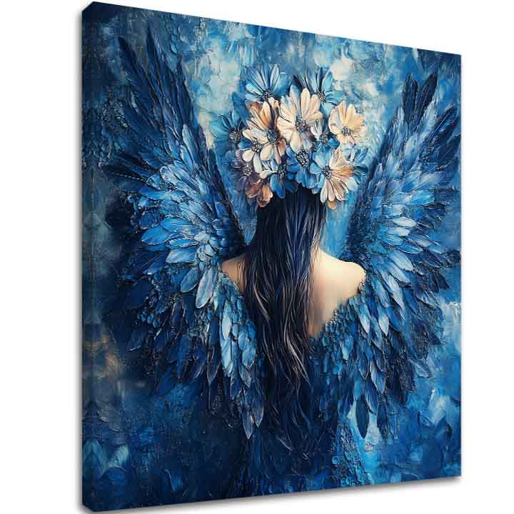 tablou cu îngeri pe pânză – vizualizare 3D a canvasului cu ramă din lemn vizibilă, Papilora Premium Art.