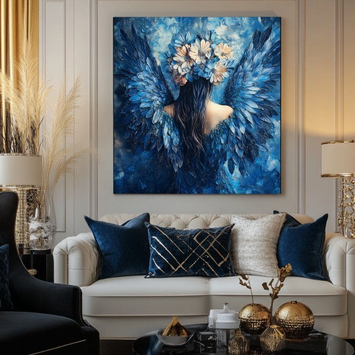 tablou cu îngeri într-un living modern – mockup interior, Papilora.