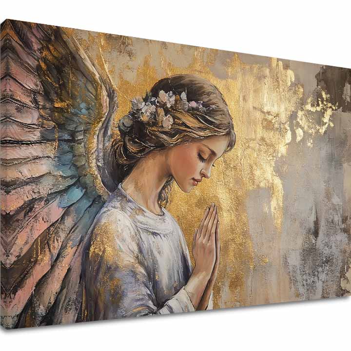 tablou cu îngeri pe pânză – vizualizare 3D a canvasului cu ramă din lemn vizibilă, Papilora Premium Art.