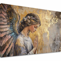 tablou cu îngeri pe pânză – vizualizare 3D a canvasului cu ramă din lemn vizibilă, Papilora Premium Art.