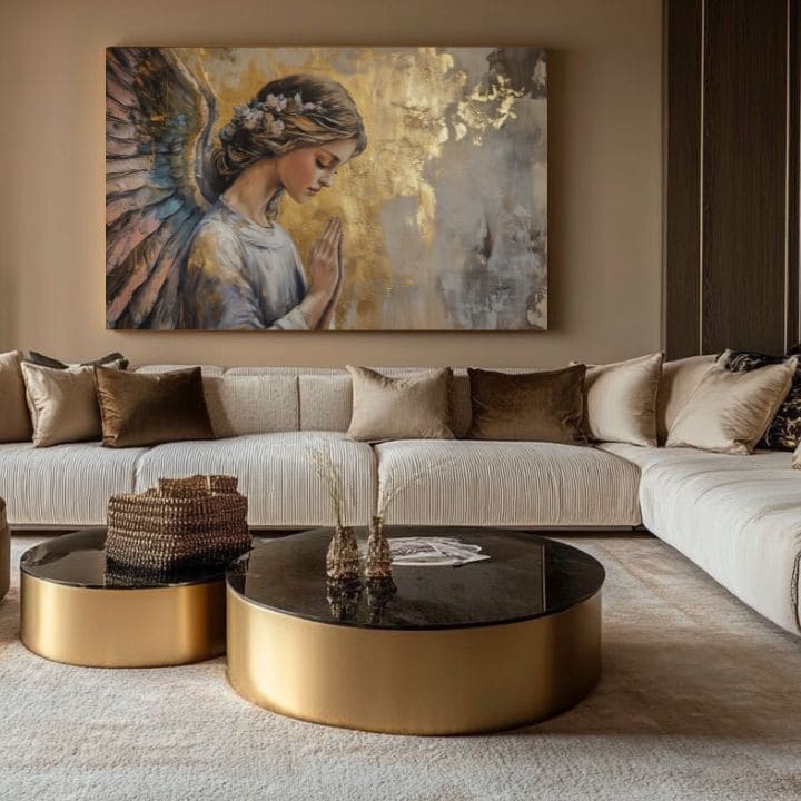 tablou cu îngeri într-un living modern – mockup interior, Papilora.