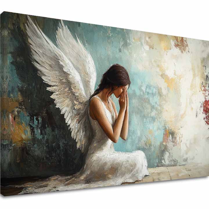 tablou cu îngeri pe pânză – vizualizare 3D a canvasului cu ramă din lemn vizibilă, Papilora Premium Art.