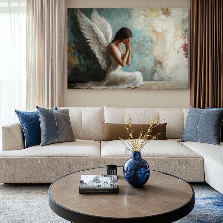 tablou cu îngeri într-un living modern – mockup interior, Papilora.