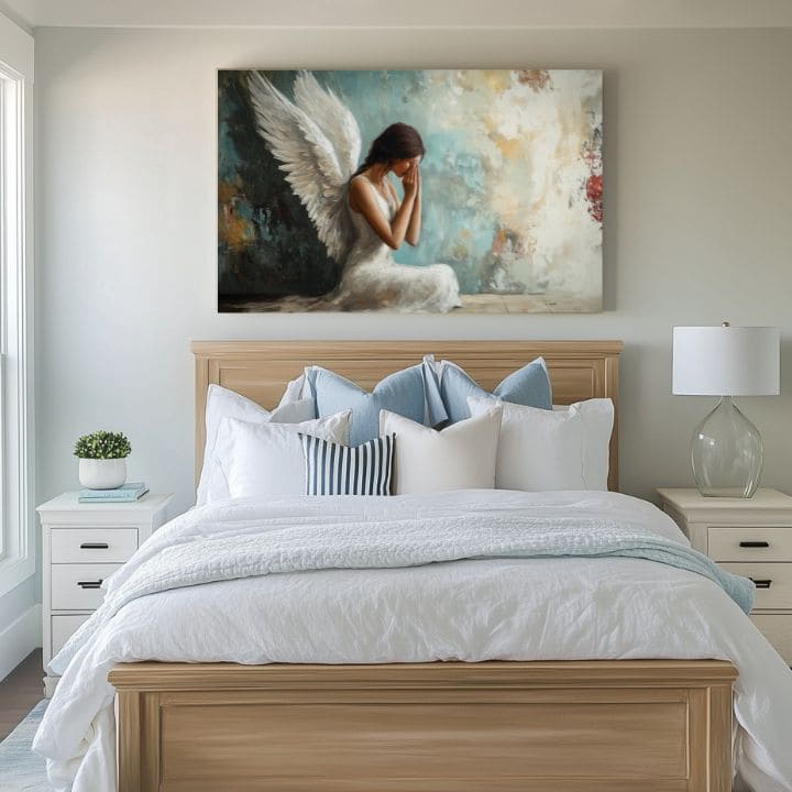 tablou cu îngeri într-un living modern – mockup interior, Papilora.