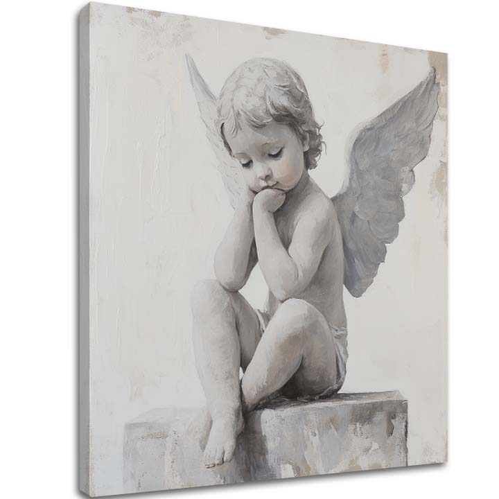tablou cu îngeri pe pânză – vizualizare 3D a canvasului cu ramă din lemn vizibilă, Papilora Premium Art.