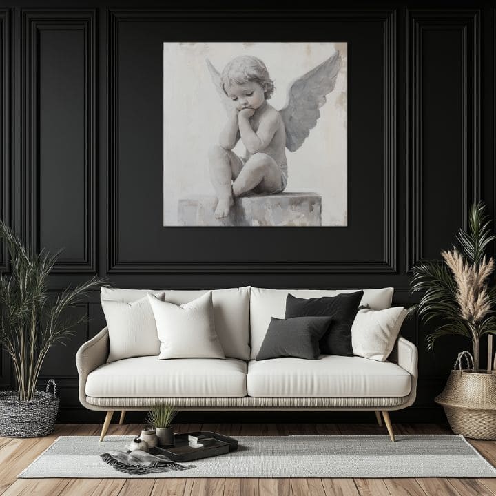 tablou cu îngeri într-un living modern – mockup interior, Papilora.