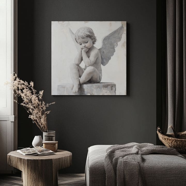 tablou cu îngeri într-un living modern – mockup interior, Papilora.