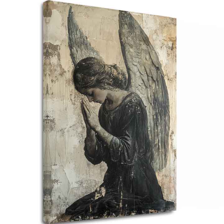 tablou cu îngeri pe pânză – vizualizare 3D a canvasului cu ramă din lemn vizibilă, Papilora Premium Art.