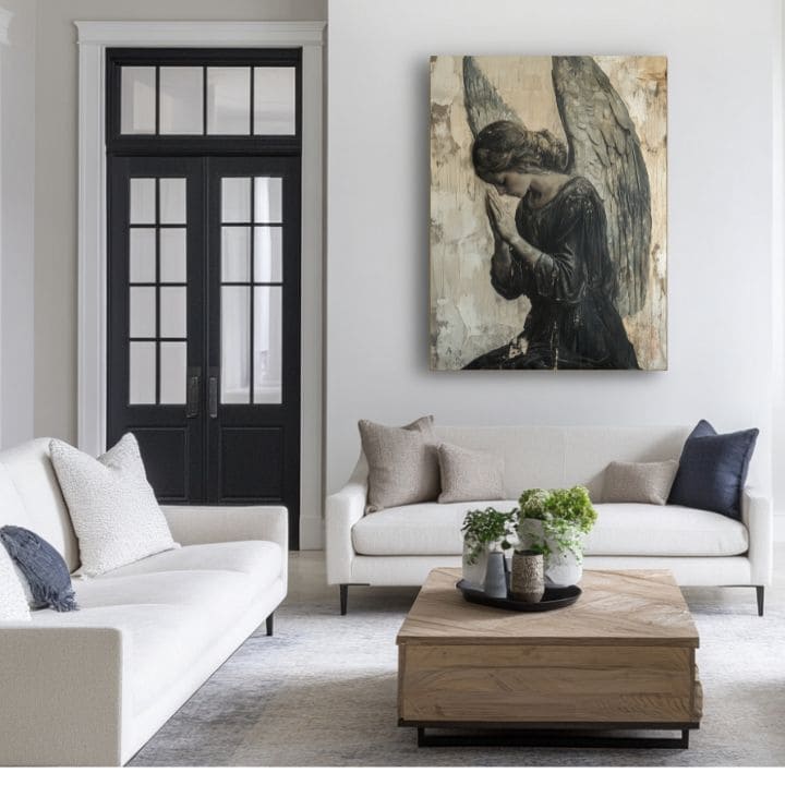 tablou cu îngeri într-un living modern – mockup interior, Papilora.