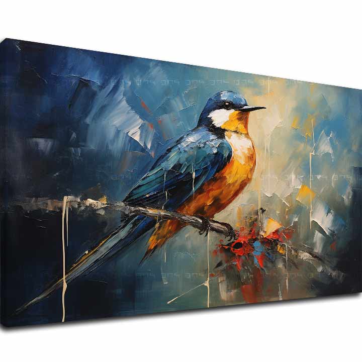 Industrial tablou pe pânză cu motivul y păsări Ranný Speváčik, pasăre, animal în albastru-portocaliu nuanțe, atmosferă liniștită, natură și singurătate – principală