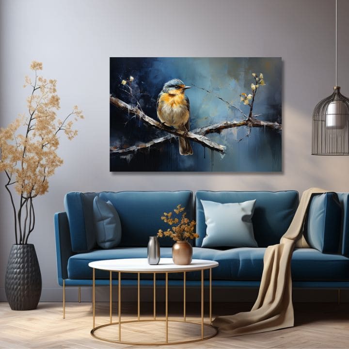 Industrial tablou pe pânză cu motivul y păsări Tichý oddych, pasăre, flori, natură, animal în alb-albastru nuanțe, atmosferă contemplativă, potrivit pentru sufragerie – produs, vedere 2