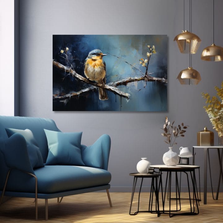 Industrial tablou pe pânză cu motivul y păsări Tichý oddych, pasăre, flori, natură, animal în alb-albastru nuanțe, atmosferă contemplativă, potrivit pentru sufragerie – produs