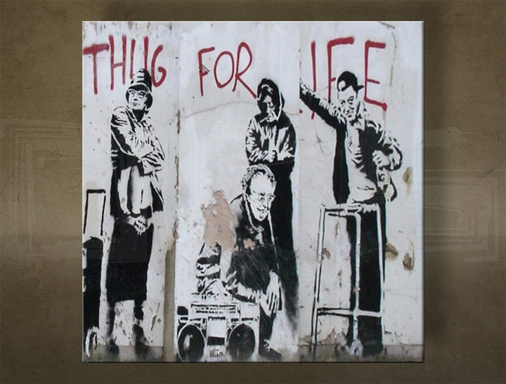 Clasic tablou pe pânză cu motivul Street ART – Banksy în alb-roșu nuanțe, viață urbană, potrivit pentru birou | Tablou pe pânză Street ART – Banksy – principală