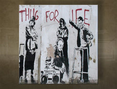 Clasic tablou pe pânză cu motivul Street ART – Banksy în alb-roșu nuanțe, viață urbană, potrivit pentru birou | Tablou pe pânză Street ART – Banksy – principală