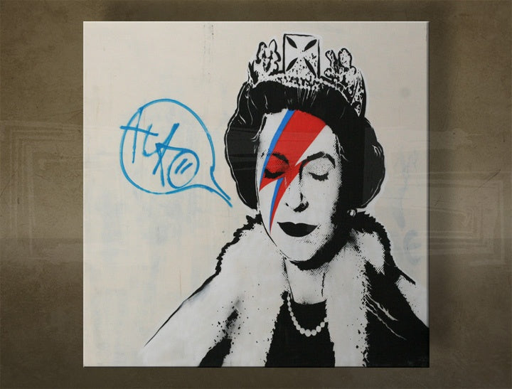 Pop art tablou pe pânză cu motivul Street ART – Banksy, coroană, graffiti, peisaj, natură în alb-albastru nuanțe, iconografie, potrivit pentru birou – principală