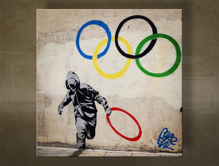 În stil boho tablou cu motivul Street ART – Banksy în multicolor nuanțe | Tablou pe pânză Street ART – Banksy, copilărie și viață urbană – previzualizare