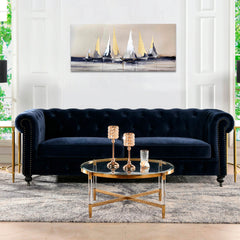 Pictat manual tablou pe pânză cu motivul PREMIUM ART – Plachetnice pe mare, ocean în auriu-argintiu nuanțe, atmosferă liniștită | Tablouri pe pânză - PREMIUM ART – Plachetnice pe mare – principală