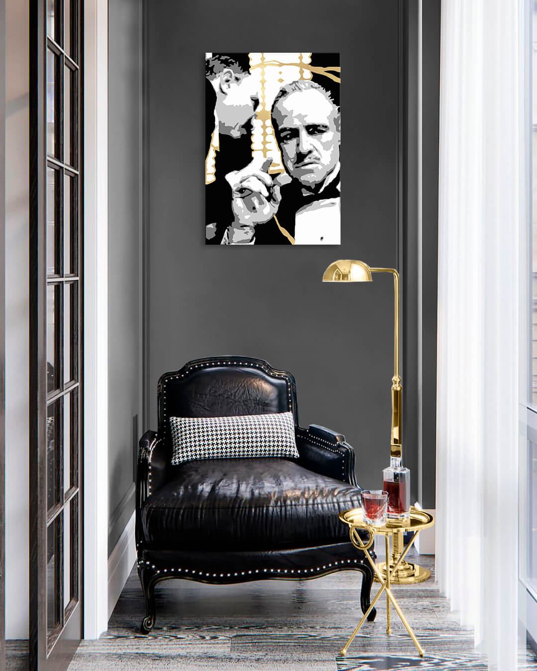 Pictat manual tablou pe pânză cu motivul PREMIUM ART – The Godfather în negru-alb nuanțe, atmosferă dramatică, lumea filmului și forță și putere – principală