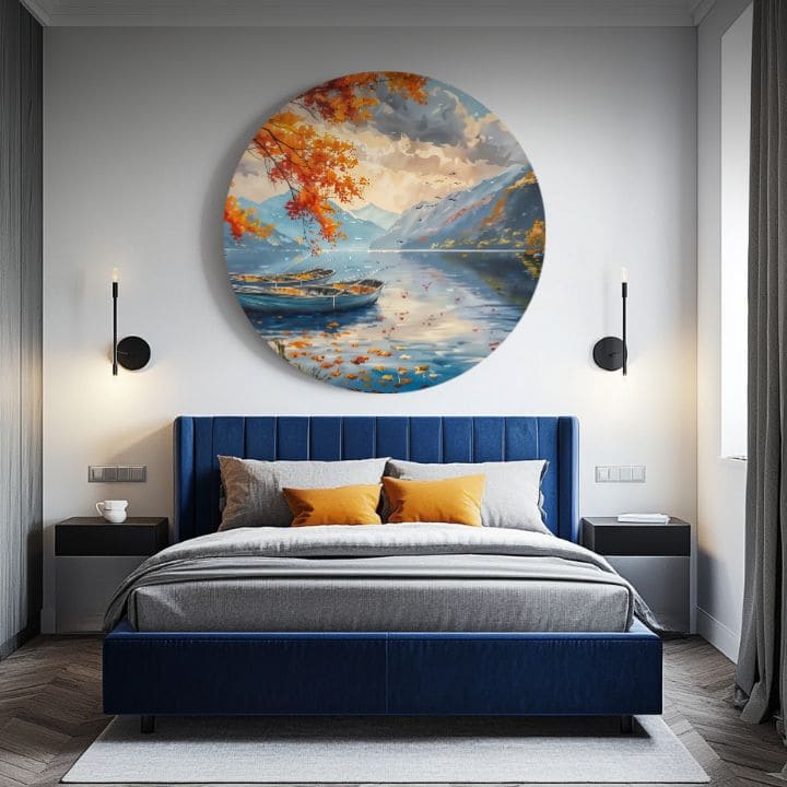 Pictat manual tablou pe pânză cu motivul Pokoj jazera, lac, munți, frunziș de toamnă, cer în albastru-portocaliu nuanțe, atmosferă liniștită | Rotund tablouri s akrylom Pokoj jazera – produs, vedere 2