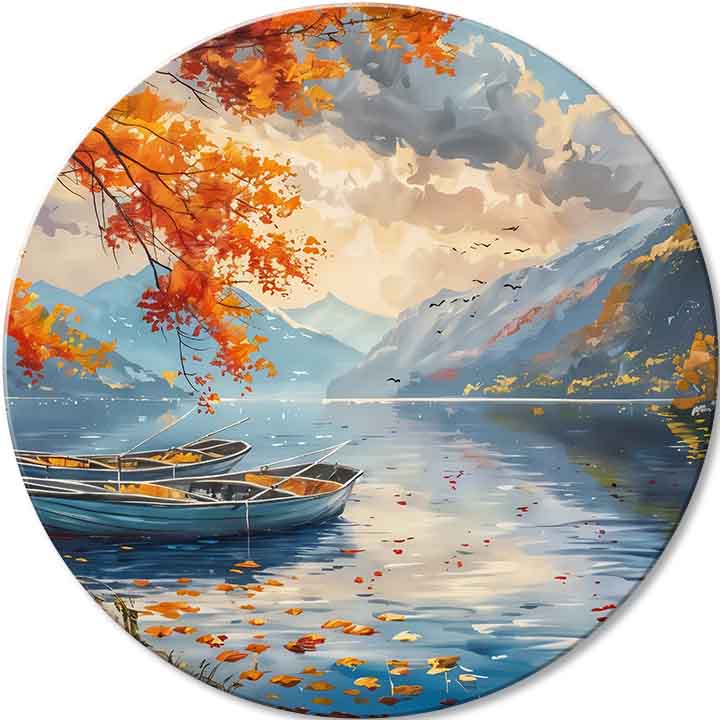 Pictat manual tablou pe pânză cu motivul Pokoj jazera, lac, munți, frunziș de toamnă, cer în albastru-portocaliu nuanțe, atmosferă liniștită | Rotund tablouri s akrylom Pokoj jazera – principală