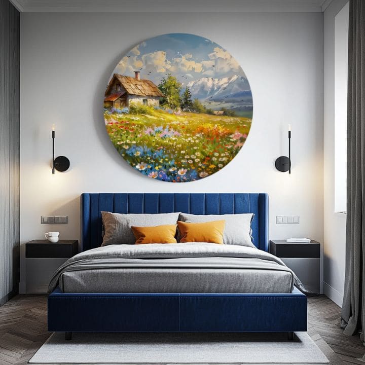 Pictat manual tablou pe pânză cu motivul Horská Chalúpka, munți, cer, păsări în albastru nuanțe, atmosferă liniștită, natură | Rotund tablouri s akrylom Horská Chalúpka – produs, vedere 2