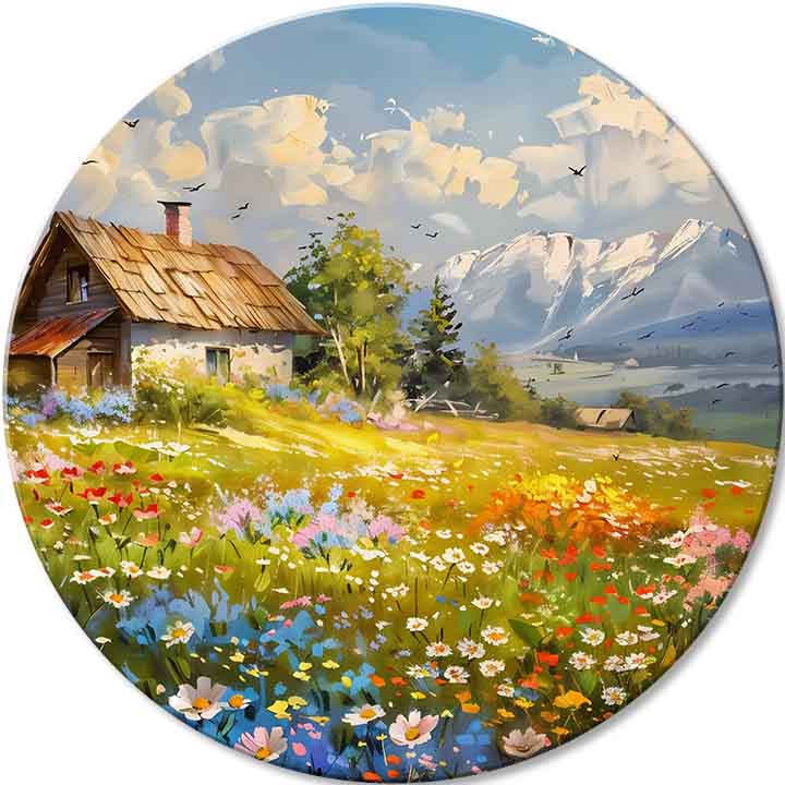 Pictat manual tablou pe pânză cu motivul Horská Chalúpka, munți, cer, păsări în albastru nuanțe, atmosferă liniștită, natură | Rotund tablouri s akrylom Horská Chalúpka – principală