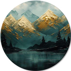 Pictat manual tablou pe pânză cu motivul Zabudnutý pădure, munți, lac, cer, peisaj în albastru-verde nuanțe, atmosferă liniștită, potrivit pentru sufragerie – principală