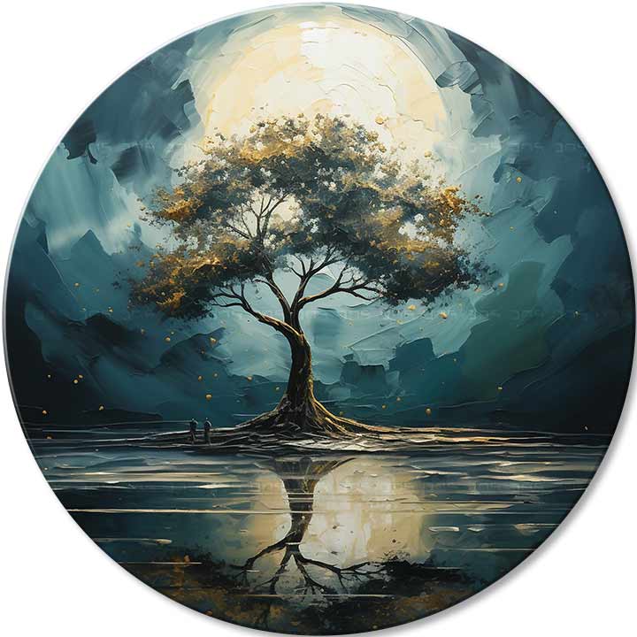 Pictat manual tablou pe pânză cu motivul Odlesky naturii, copac, lună, peisaj, natură în alb-albastru nuanțe, atmosferă liniștită, potrivit pentru sufragerie – principală