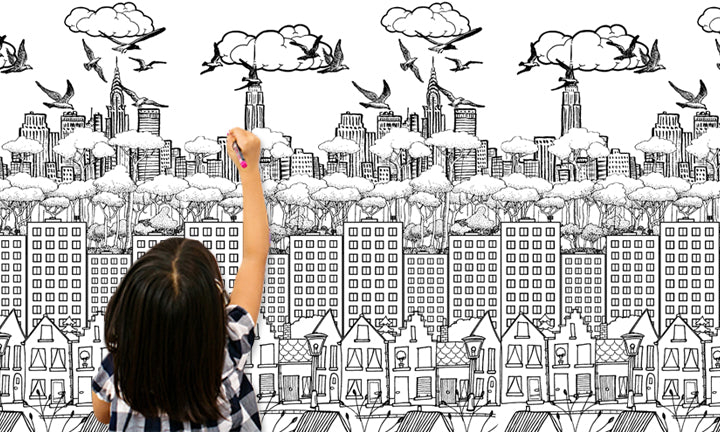 Modern tablou pe pânză cu motivul fată, panorama orașului, păsări, nori, motiv pentru copii în alb-negru nuanțe agățat în interiorul cameră de copii – interior