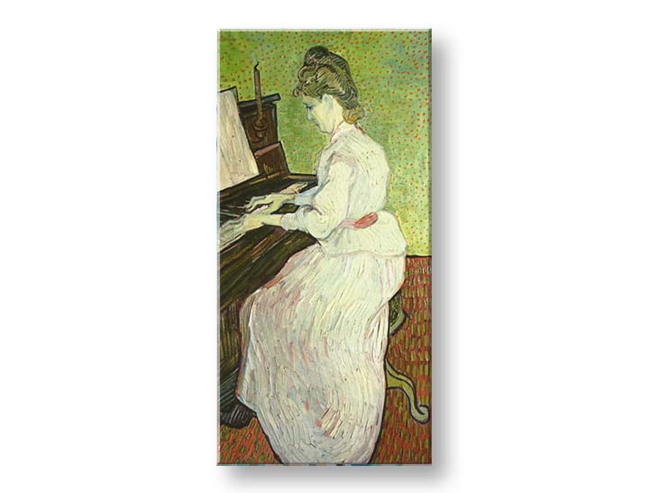 Vintage tablou pe pânză cu motivul Vincent van Gogh - Marguerite Gachet pri klavíri, klavír, motiv muzical, natură în alb-maro nuanțe – produs
