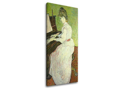 Vintage tablou pe pânză cu motivul Vincent van Gogh - Marguerite Gachet pri klavíri, klavír, motiv muzical, natură în alb-maro nuanțe – principală