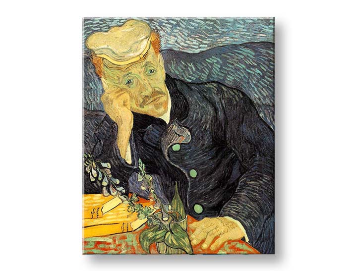 Vintage tablou pe pânză cu motivul Vincent van Gogh - Portrét dr. Gacheta, flori, natură în albastru-verde nuanțe, atmosferă contemplativă, potrivit pentru birou de lucru – produs, vedere 2