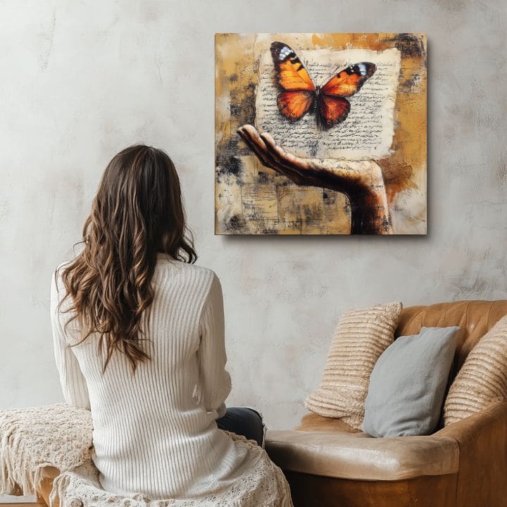 Modern tablou pe pânză cu motivul fluture în bej-portocaliu nuanțe, atmosferă nostalgică, natură | Vintage Tablou Fluturelui - Príbeh lásky – produs, vedere 3
