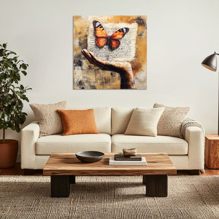 Modern tablou pe pânză cu motivul fluture în bej-portocaliu nuanțe, atmosferă nostalgică, natură | Vintage Tablou Fluturelui - Príbeh lásky – produs, vedere 4