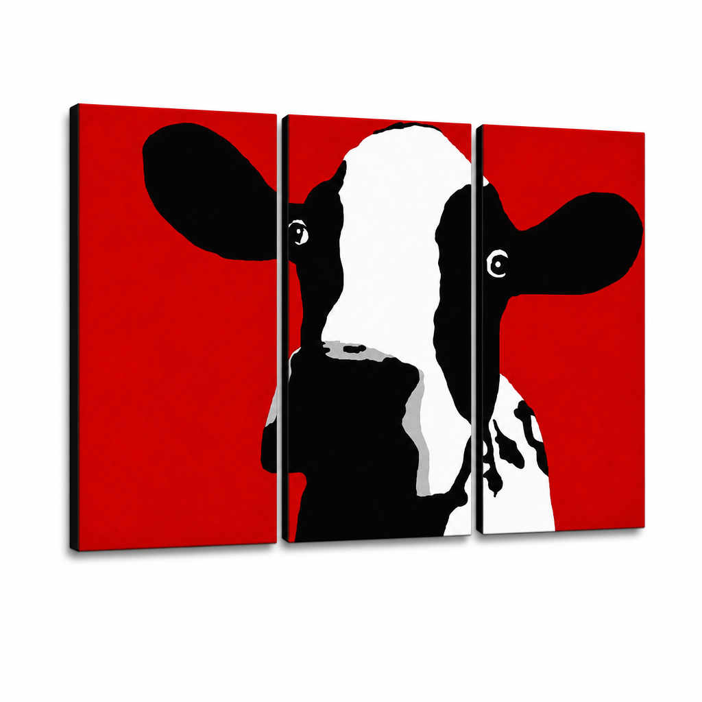 Vopsea pictată manual POP Art Vacă 3 bucăți vacă – Vizualizare 3D a tabloului pictat manual pe fundal alb. Culori dominante: negru, alb, roșu.