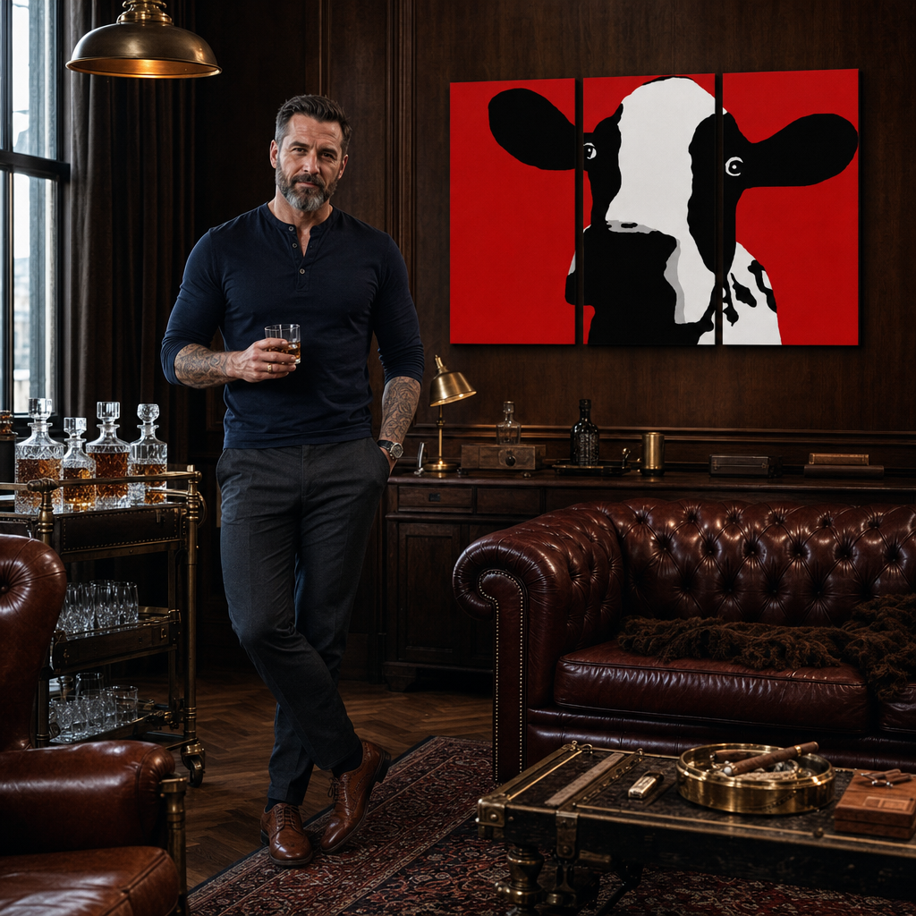 Vopsea pictată manual POP Art Vacă 3 bucăți vacă – tablou într-un interior modern masculin, vizualizare lifestyle. Culori dominante: negru, alb, roșu.